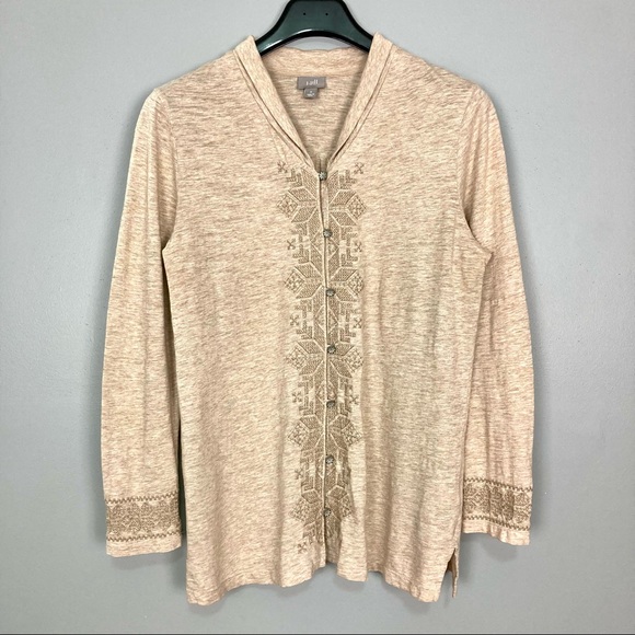 J. Jill Embroidered Knit Top Women’s Size M Button Front Long Sleeves Fairisle - Picture 1 of 9